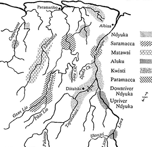 Carte 2 : Localisation des groupes et langues des Marrons le long du Maroni (Huttar et Huttar : 1994)