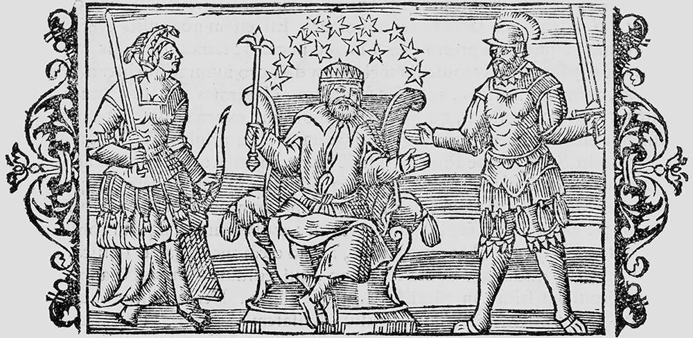 Figure 2: Frigg, Thor and Odin in Olaus Magnus’ Historia de gentibus septentrionalibus, Rome 1555.