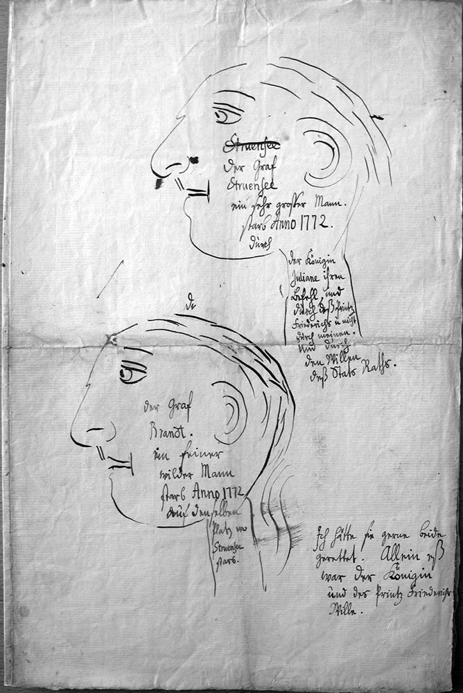 Portraits de Struensee et Brandt. Dessins du roi Christian VII.