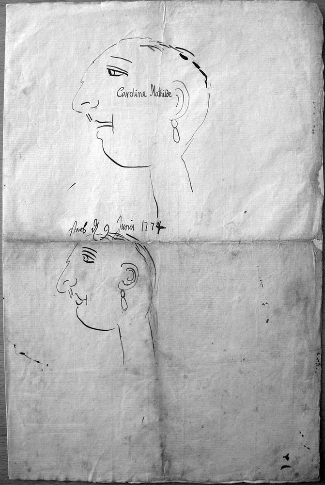 Portrait de Caroline Mathilde. Dessins du roi Christian VII.