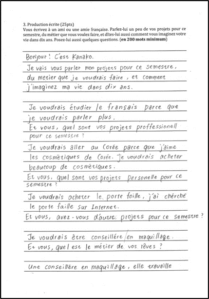 Figure 6a : Exemple de production écrite, niveau A2 (juillet 2018)