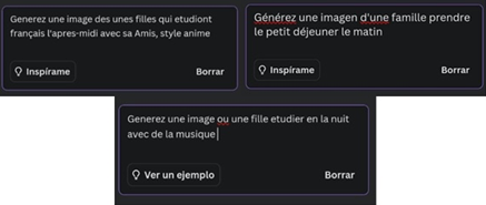 Figure 2 : Exemples de prompts générés par les apprenantes avec l’IA