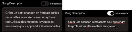 Figure 8 : Exemples de « prompts » rédigés par les apprenantes sur l’IA SUNO intégrant des objectifs d’apprentissage explicites