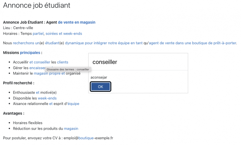 Figure 13 : Consultation du sens d’un mot dans un glossaire à partir d’une activité de compréhension écrite (testé sur la plateforme Bolivia Habla Fr@ncés).