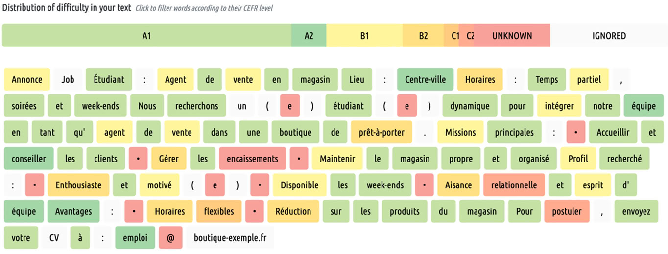 Figure 4 : Mesure de la complexité lexicale du texte produit à l’aide de FleLex.