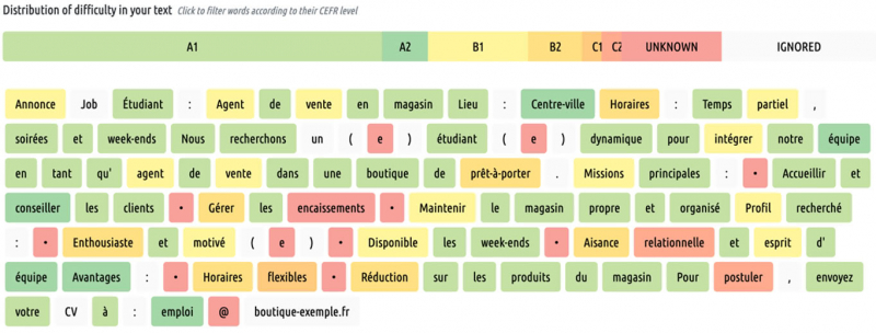 Figure 4 : Mesure de la complexité lexicale du texte produit à l’aide de FleLex.