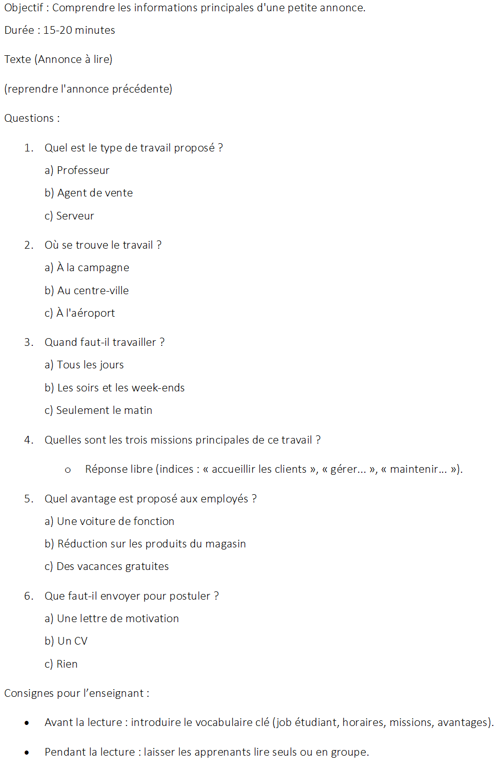 Figure 8 : Activité de compréhension écrite du document généré et proposition d’un scénario pédagogique