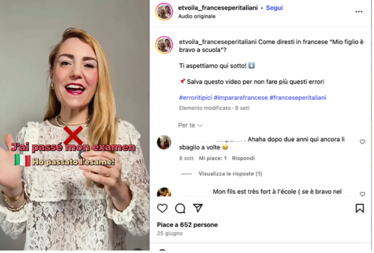 Figure 5 : Exemple de contenu sur les erreurs fréquentes chez les Italiens sur le compte @etvoila_franceseperitaliani (vidéo publiée le 25 juin 2025)