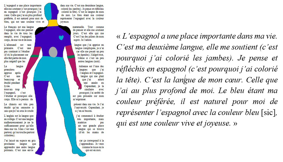 Figure 3. Visualisation et extrait de biographie langagière étudiant.e MEEF_B54 (2021)