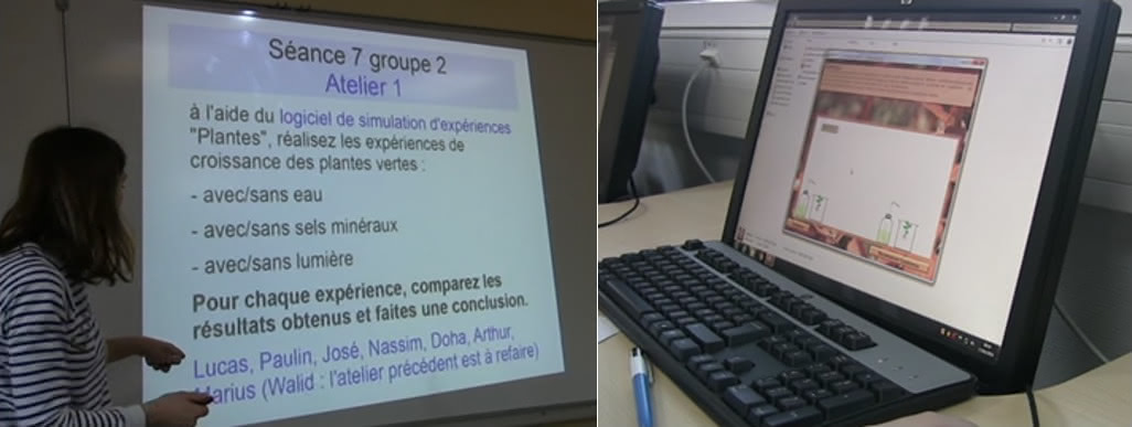 Figure 5 : Captations photographiques d’une consigne vidéoprojetée et de l’interface d’un logiciel de simulation en cours de SVT