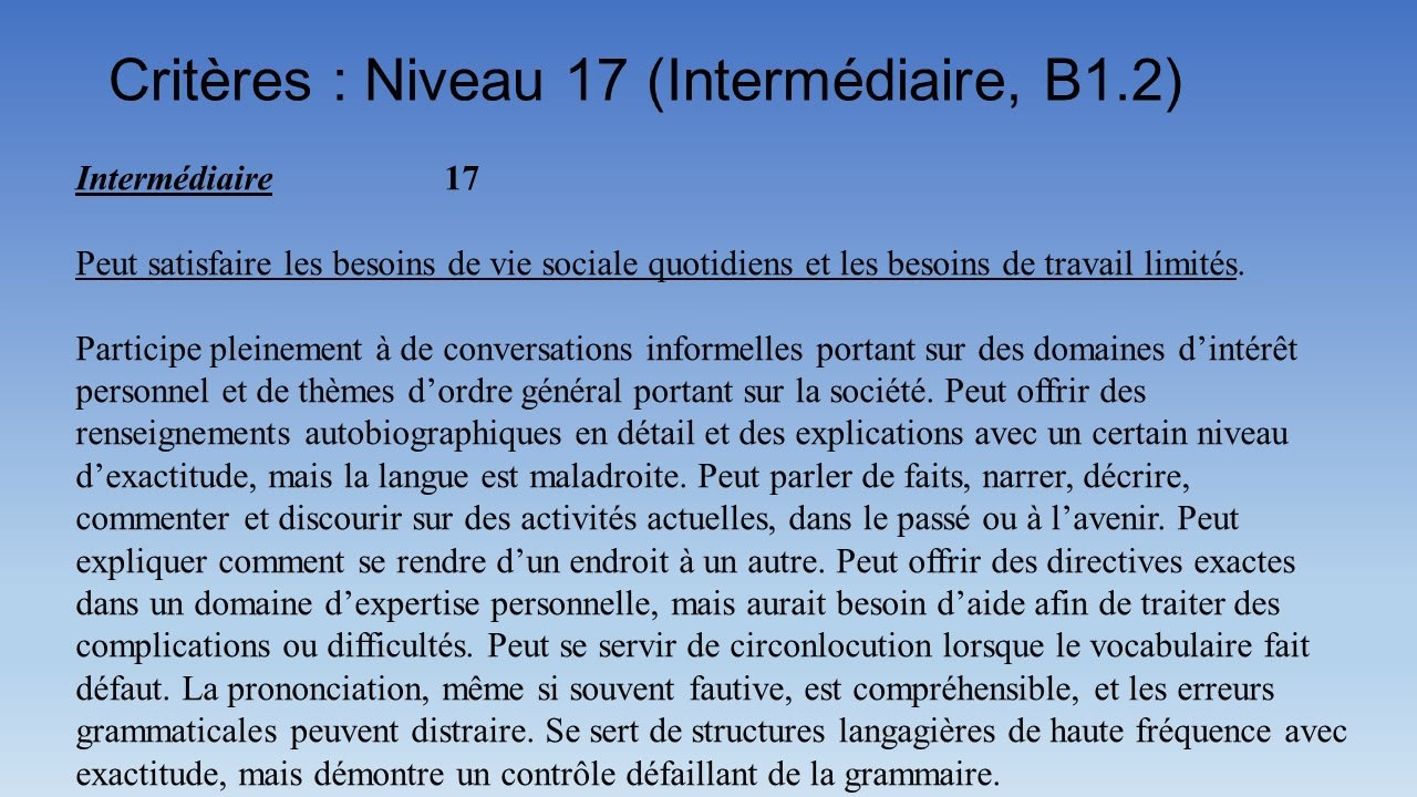 Figure 5 : Critères Niveau 17 (Intermédiaire, B1.2)