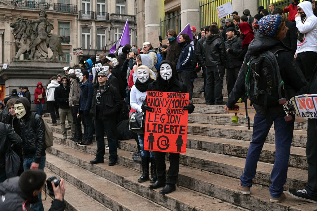 Manifestation des Anonymous, Bourse de Bruxelles, 28 janvier 2012