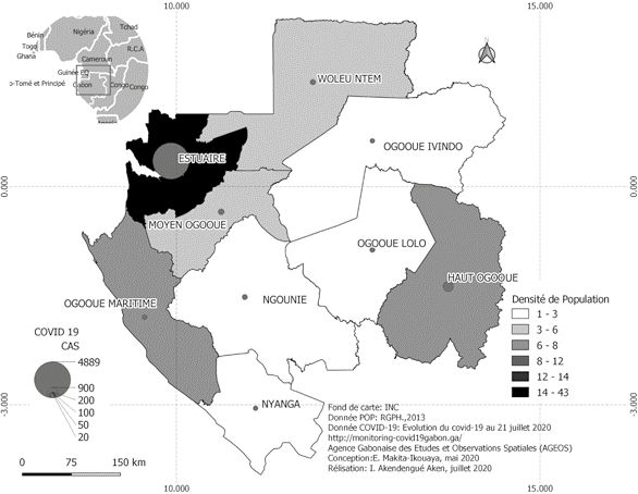 Fig. 2. Évolution des cas au 21 juillet 2020 par province et densité de la population25