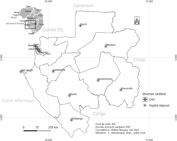 Fig. 3. Localisation des structures de soins prenant en charge les malades de la Covid-19 au Gabon