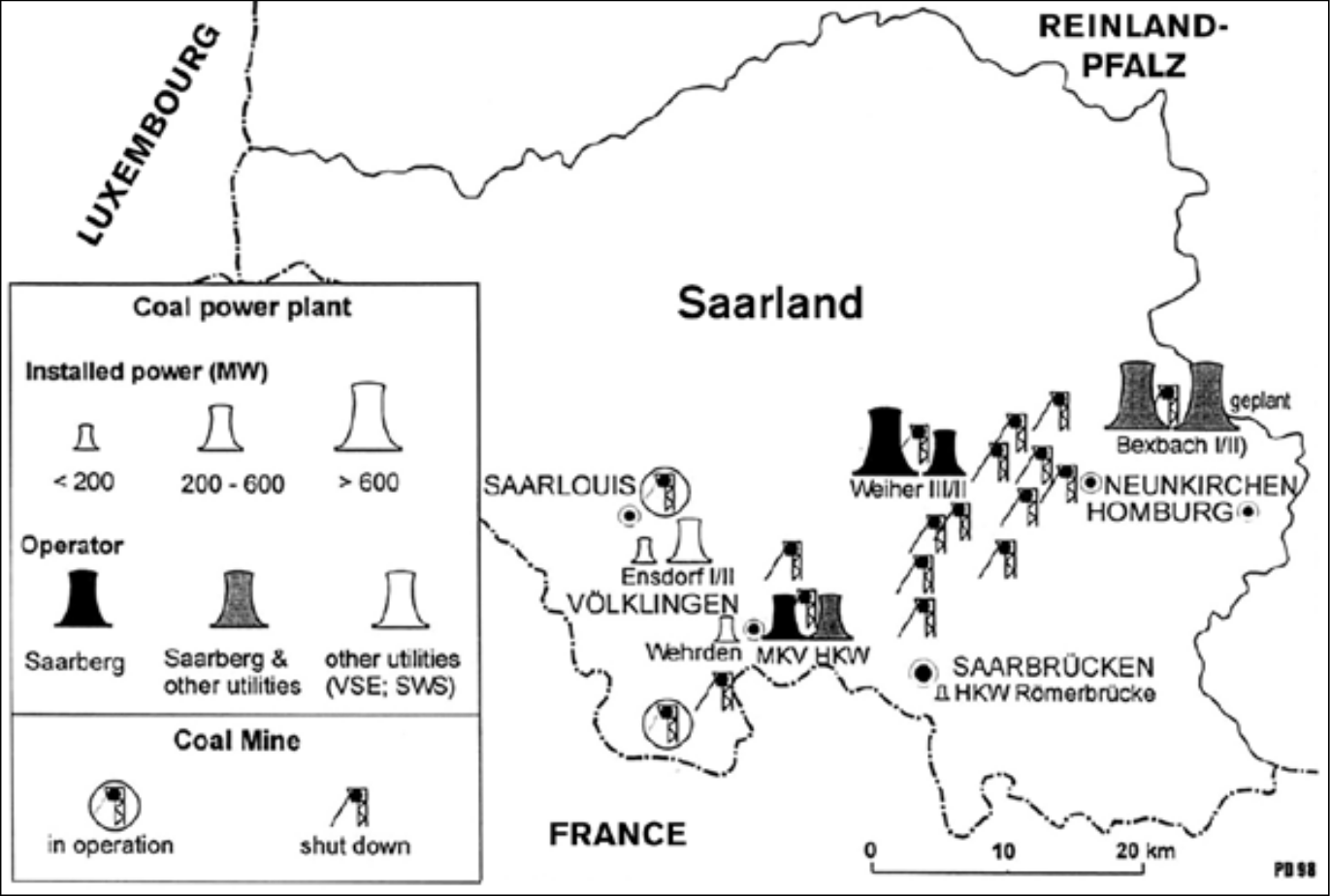 Fig. 2. Les mines de charbon et les centrales énergétiques en Sarre au tournant des années 200015