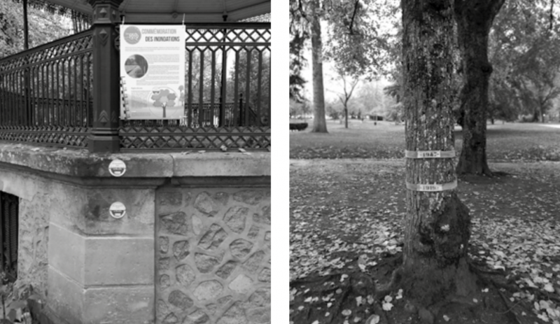 Fig. 4. À gauche, pose de repère de crue et panneau explicatif à Épinal. À droite, arbres marqués par des bandeaux bleus à Épinal