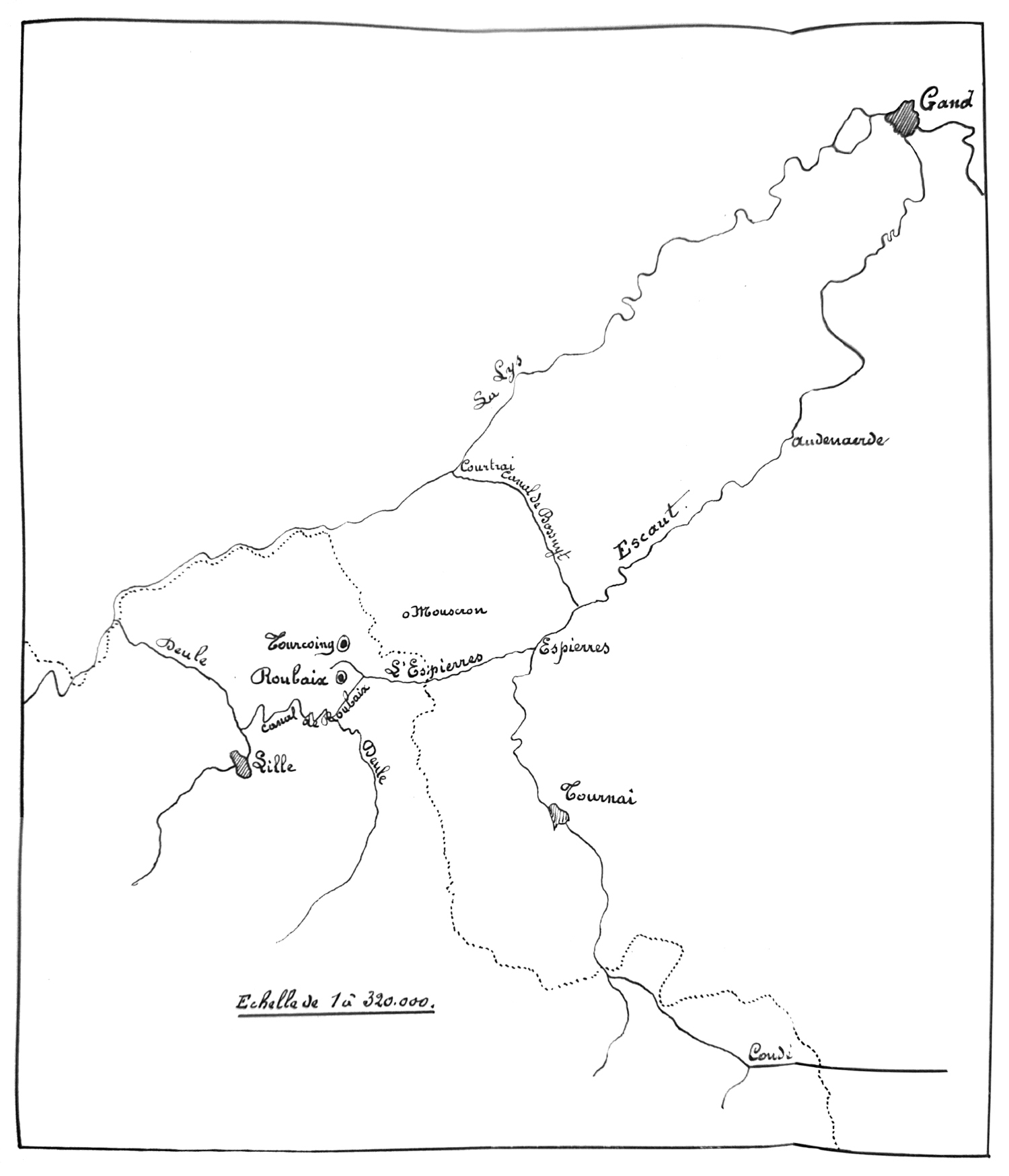 Fig. 1. Plan de quelques rivières et canaux de la région, en amont Lille Roubaix Tourcoing, en aval Gand, à la confluence de la Lys et de l’Escaut (AGR, T039/05-911).