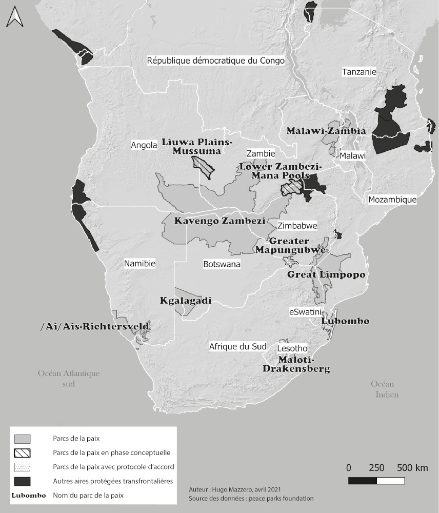 Fig. 1. Localisation et état d’avancement des parcs de la paix en Afrique australe
