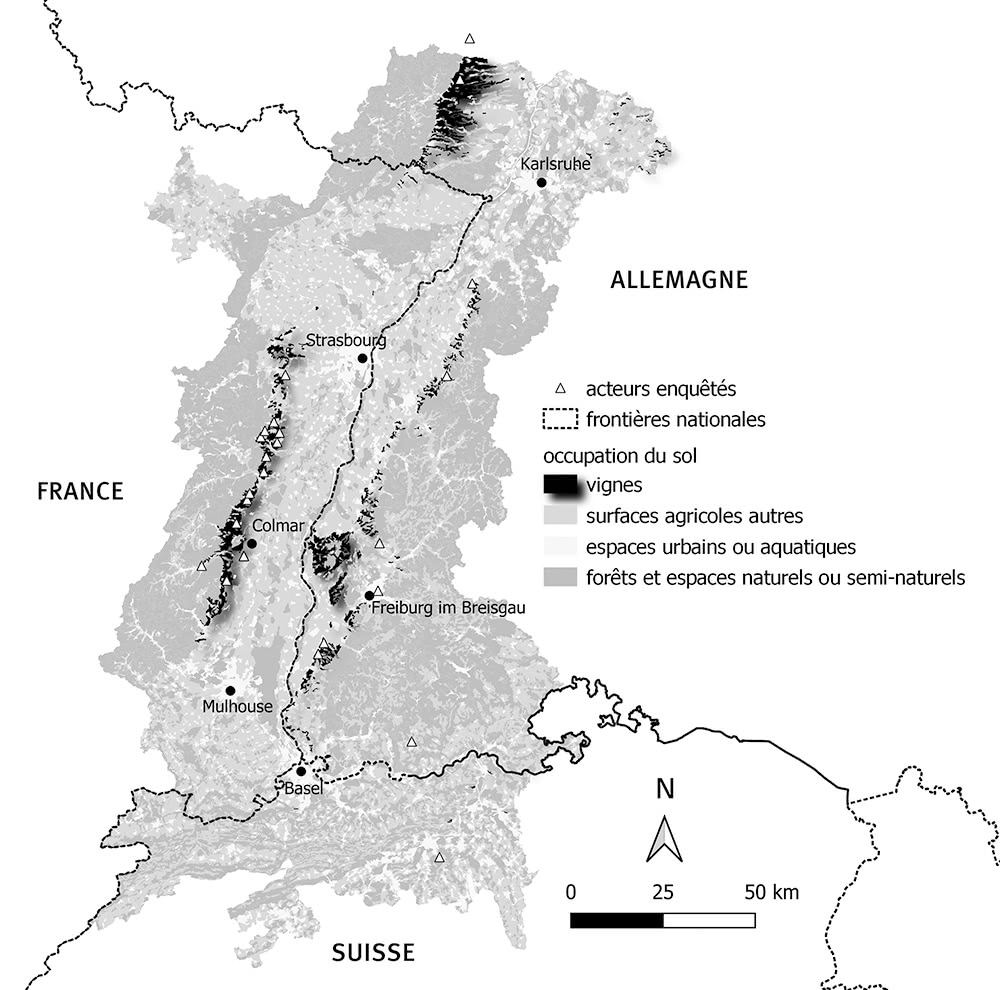 Figure 1 : Localisation des vignobles du Rhin Supérieur et des acteurs enquêtés.