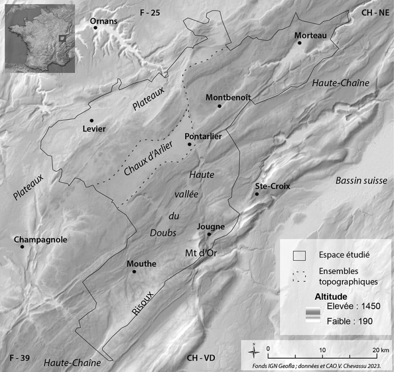 Figure 1 : Localisation et topographie des zones étudiées : le Jura central