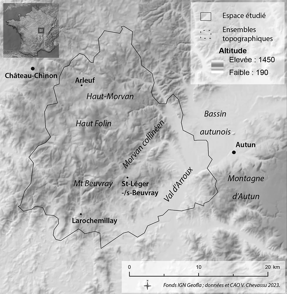Figure 2 : Localisation et topographie des zones étudiées : le sud Morvan