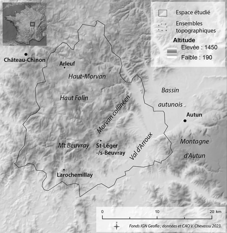 Figure 2 : Localisation et topographie des zones étudiées : le sud Morvan