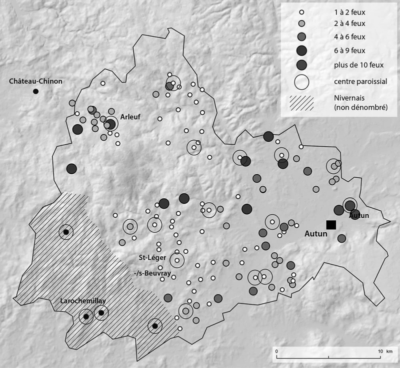 Figure 5 : L’habitat rural en sud Morvan à travers la « cherche des feux » de 1475