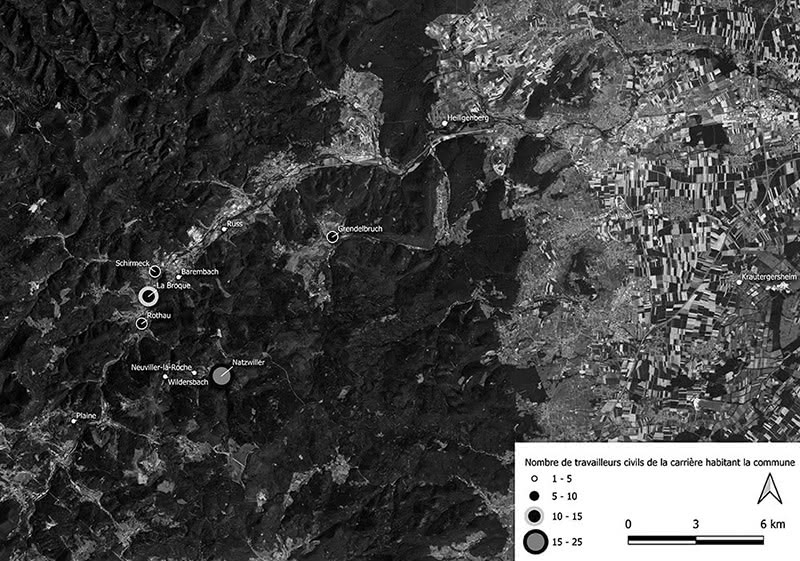 Figure 10 : Carte de répartition des travailleurs civils de la carrière par leur commune de résidence pendant la Seconde Guerre mondiale