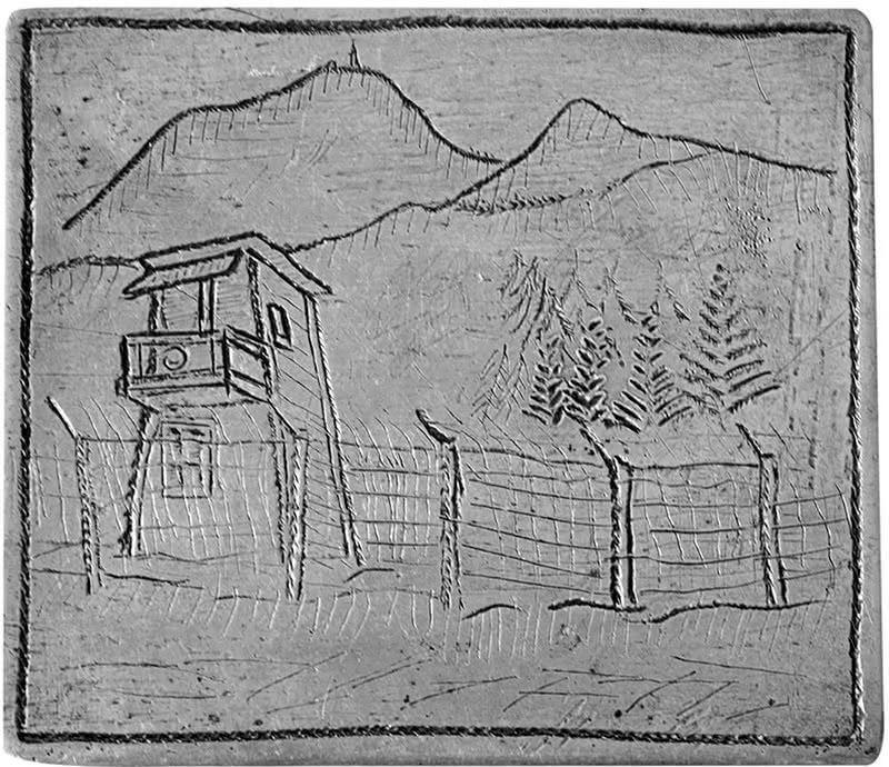 Figure 5 : Décor d’une boîte en aluminium, fabriquée par les déportés Peters Frederik (néerlandais, déporté NN, matricule 5603) et Nicolas Dauphin (luxembourgeois, déporté politique, matricule 7088), offerte au travailleur civil Joseph Stadler