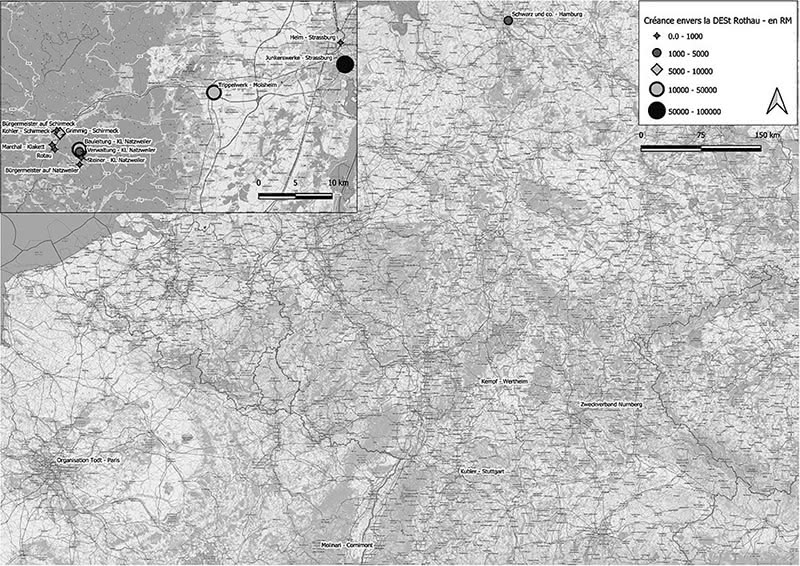 Figure 7 : Carte de répartition des clients de la DESt Rothau, et montant de leur créance en RM