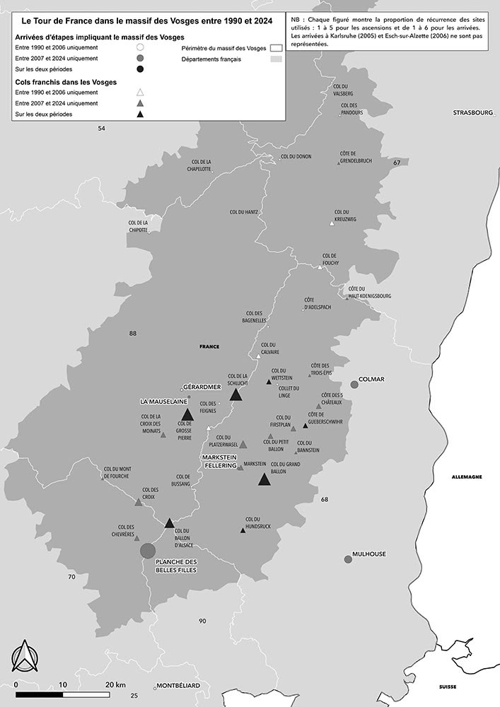 Figure 3. Le Tour de France dans les Vosges entre 1990 et 2024 : du nord au sud