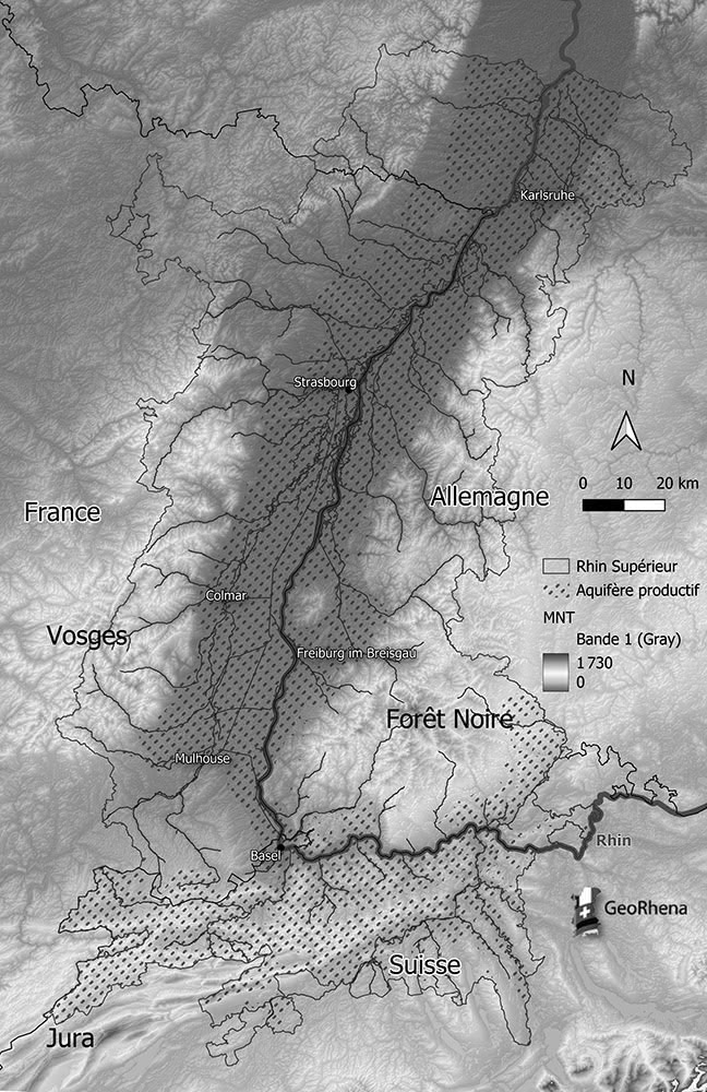 Figure 2 : Le Fossé rhénan, à la frontière entre France, Allemagne et Suisse, entre Vosges et Forêt Noire