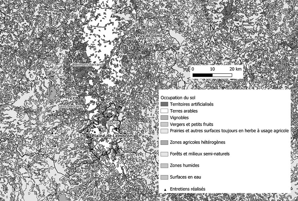 Figure 3 : Occupation du sol dans la plaine du Lembron et ses bordures, et localisations des exploitations enquêtées