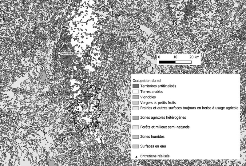 Figure 3 : Occupation du sol dans la plaine du Lembron et ses bordures, et localisations des exploitations enquêtées