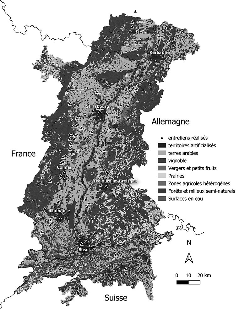 Figure 4 : Occupation du sol dans le Fossé rhénan et localisation des entretiens menés