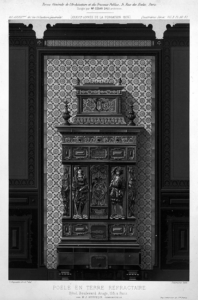 Figure 3 : F. Huguelin (del.), Daumont (lith.), Poêle en terre réfractaire, Hôtel, Boulevard Arago, 103, à Paris, par M. J. Huguelin, constructeur