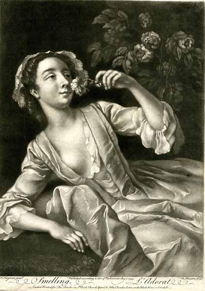 Fig. 4 Richard Houston, L’odorat, planche issue de la série Les Cinq Sens, Mezzoteinte, 1753, Londres, British Museum.