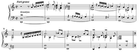 L.-N. Clérambault, Dialogue sur les grands jeux du 1er ton, 1er Livre d’orgue, 1710 (mes. 1-10)