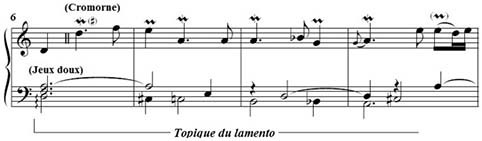 Clérambault L.-N., « Récit de cromorne et cornet du 1er ton (Suscepit Israel) », 1er Livre d’orgue, 1710 (mes. 6-9).