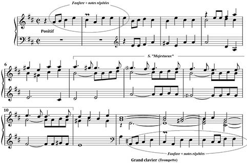 Couperin F., « Dialogue sur les jeux de Trompettes, Clairon et Tierces du grand clavier, et le Bourdon avec le Larigot du positif : Domine Deus Rex caelestis », Messe des paroisses, 1690 (mes. 1-14).